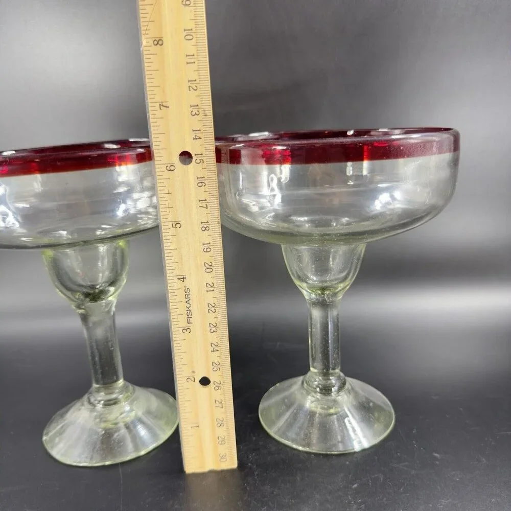 Hand Blown Clear Margarita Drinking Glasses Set 2 With Red Edges Hand Made Glass
